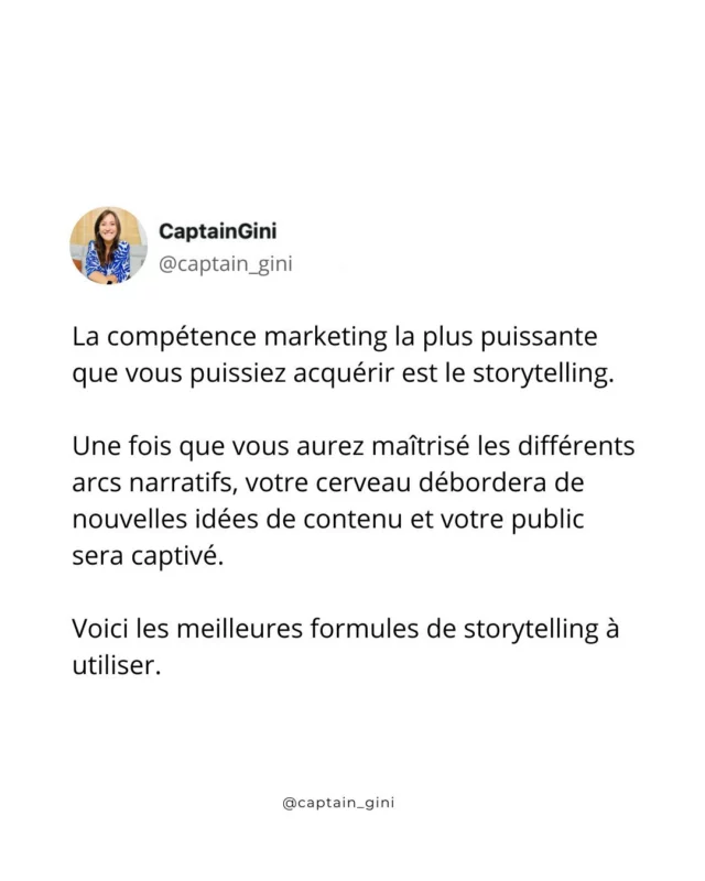 Une chose dont on ne parle pas assez 🥵

L'une des compétences marketing les plus puissantes que vous puissiez apprendre est l'art du storytelling. Lorsqu'il est bien utilisé, il peut captiver et engager votre audience comme jamais auparavant.

Voici mes 5 types de récits préférés que j’utilise chaque semaine dans mon entreprise pour connecter avec mon audience.

C’est également ainsi que vous convertissez sans avoir l’impression de vendre, parce que vous ne vendez pas les caractéristiques et avantages de vos services/offres, mais vous partagez des transformations, des émotions et des ressentis.

Vous pouvez les utiliser dans vos études de cas, emails, stories et bien d’autres formats.

Gardez précieusement ces conseils et vous me remercierez plus tard 😏😉

#entreprise #creationdentreprise #agencedigitale #socialmediamarketing #selancer #quotidienfreelance #croisentoi #vendreenligne #pleinpotentiel #reseauxsociaux #businessfun #entrepreneur #freelance #atteindresesreves #fatiguementale